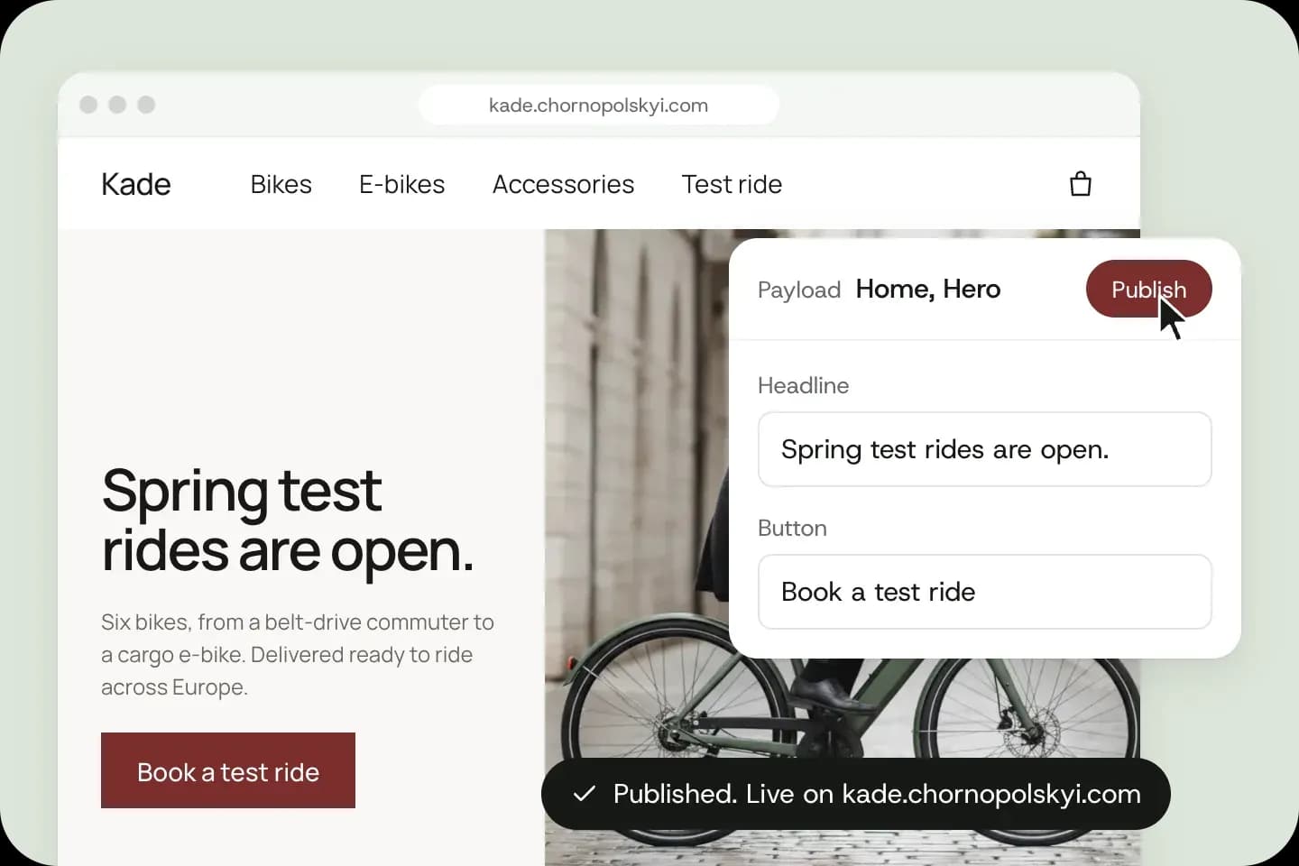 The Kade editor next to the live home page, just published: Spring test rides are open.