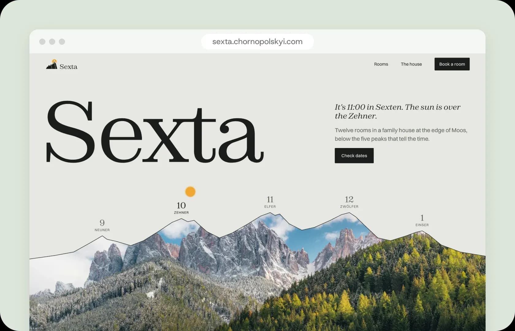 The Sexta homepage: the name in large serif type above a line of five Dolomite peaks, each labelled with an hour, with the sun over the one at 10.