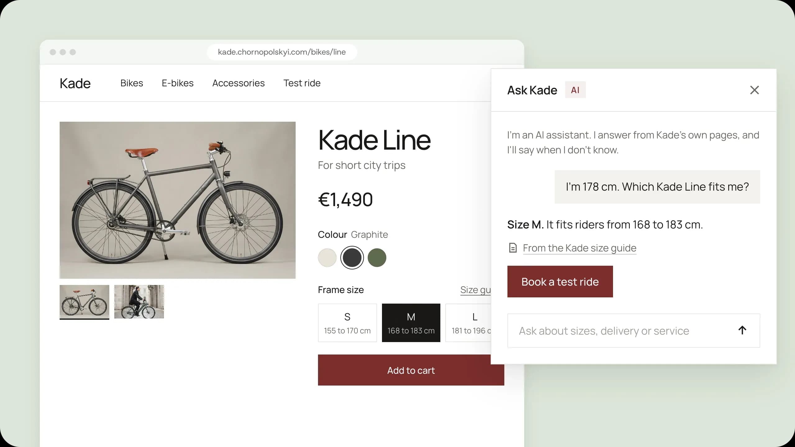 The Kade sizing assistant on the Kade Line page, recommending size M for a rider of 178 cm.