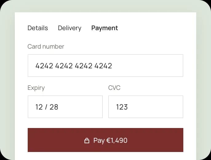 The Kade checkout on a phone, paying €1,490 by card.