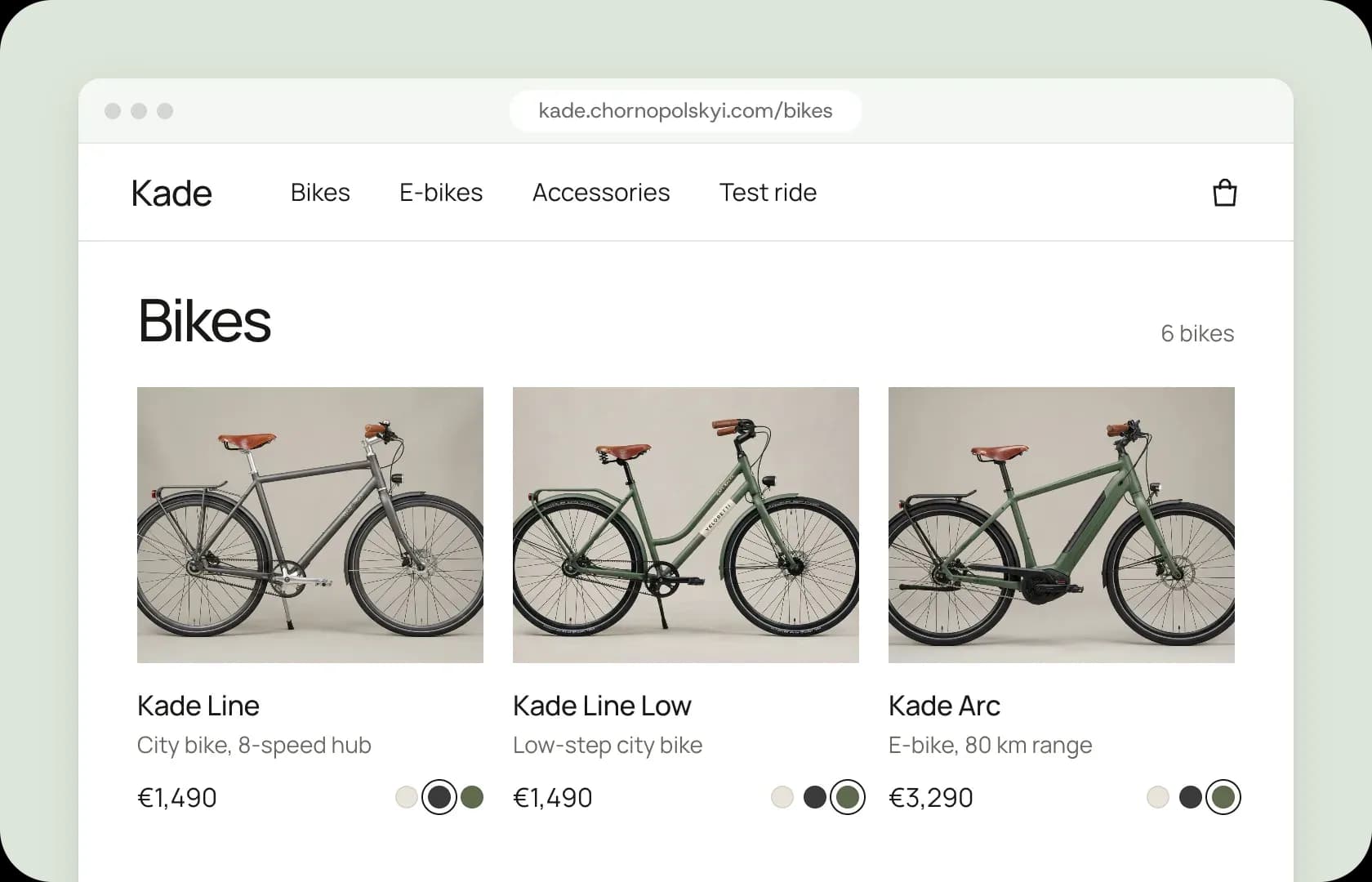 The Kade bikes page: Kade Line, Line Low and Arc with prices and colours.